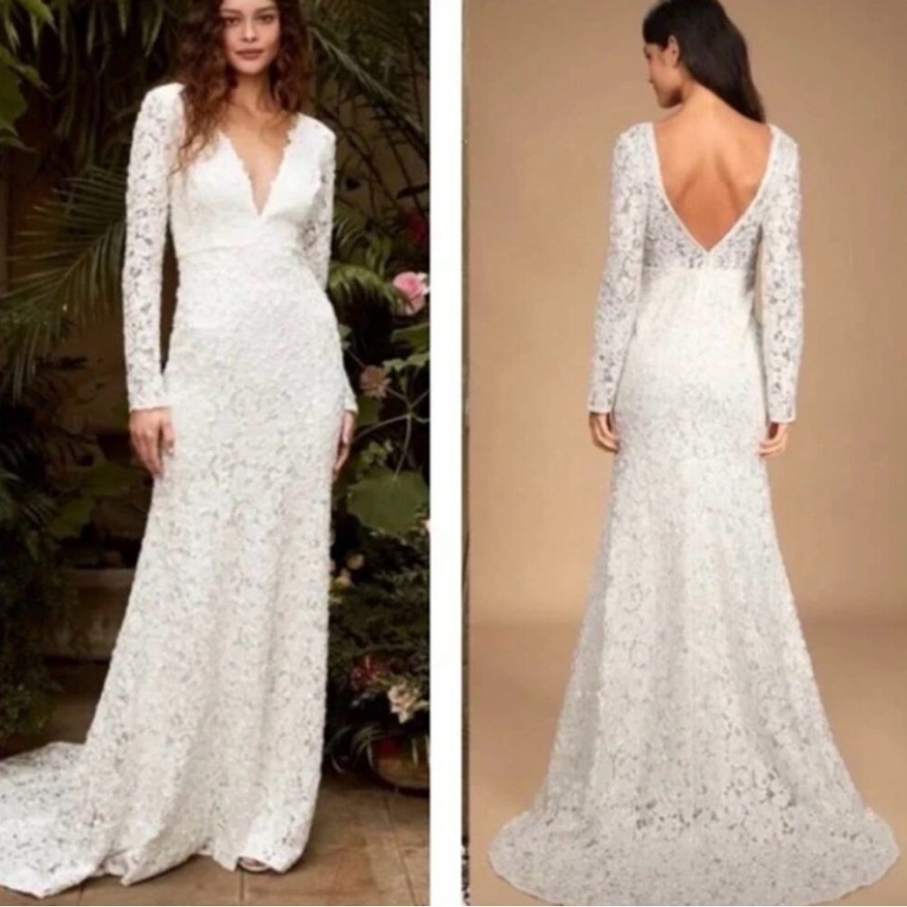 Lulu's White Long-Sleeve Lace Wedding Dress with Deep V Back